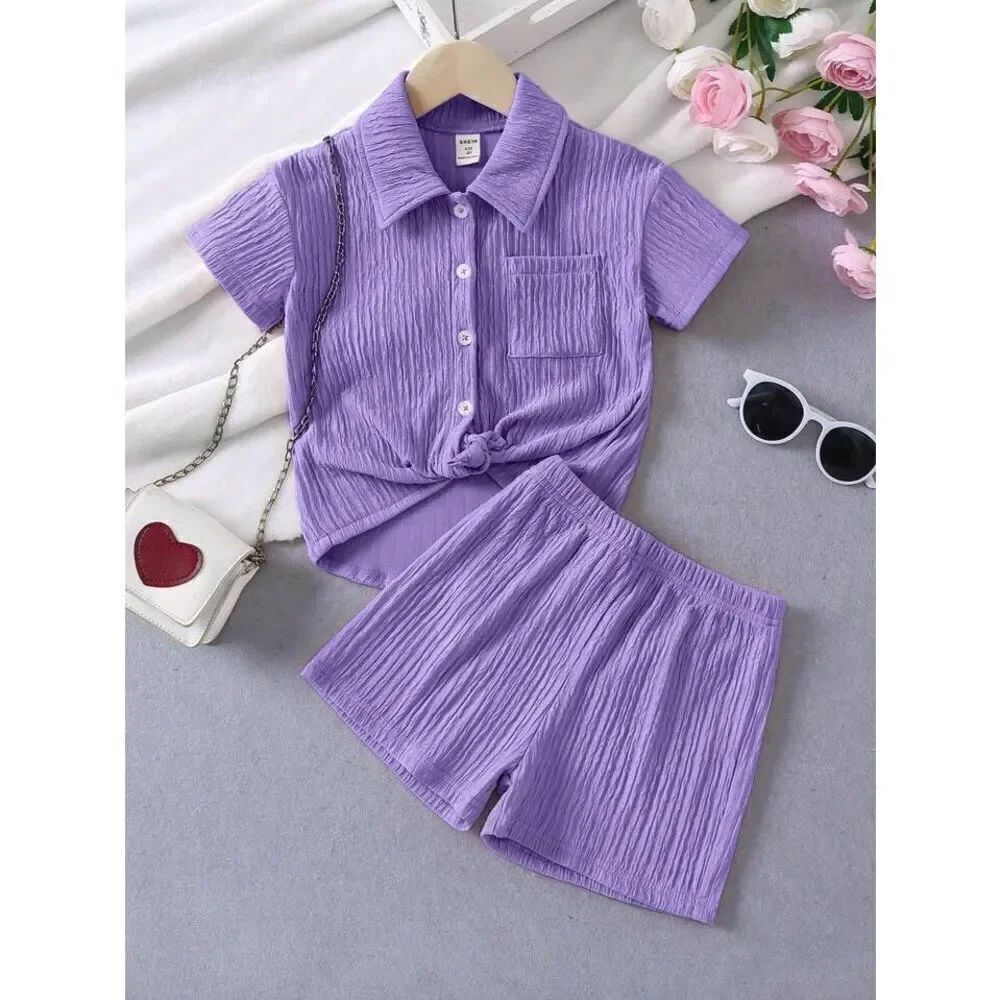 SHEIN Girls Purple Collared Top & Shorts Set Size 6 – 2-Piece Matching Outfit
